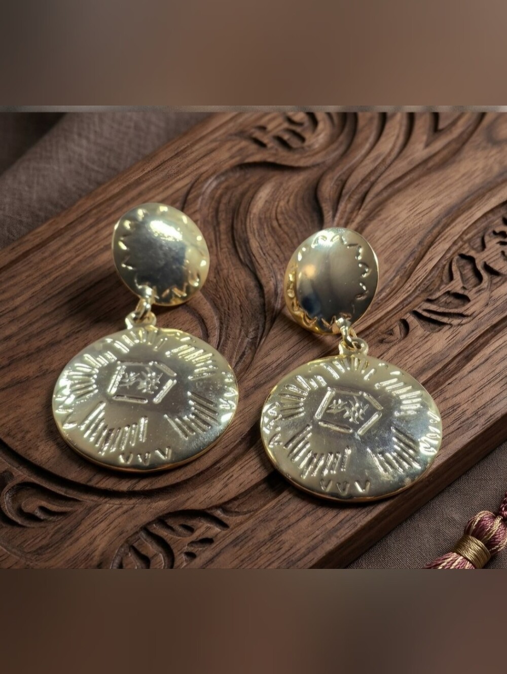 Gold Embossed Medallion Drop Earrings